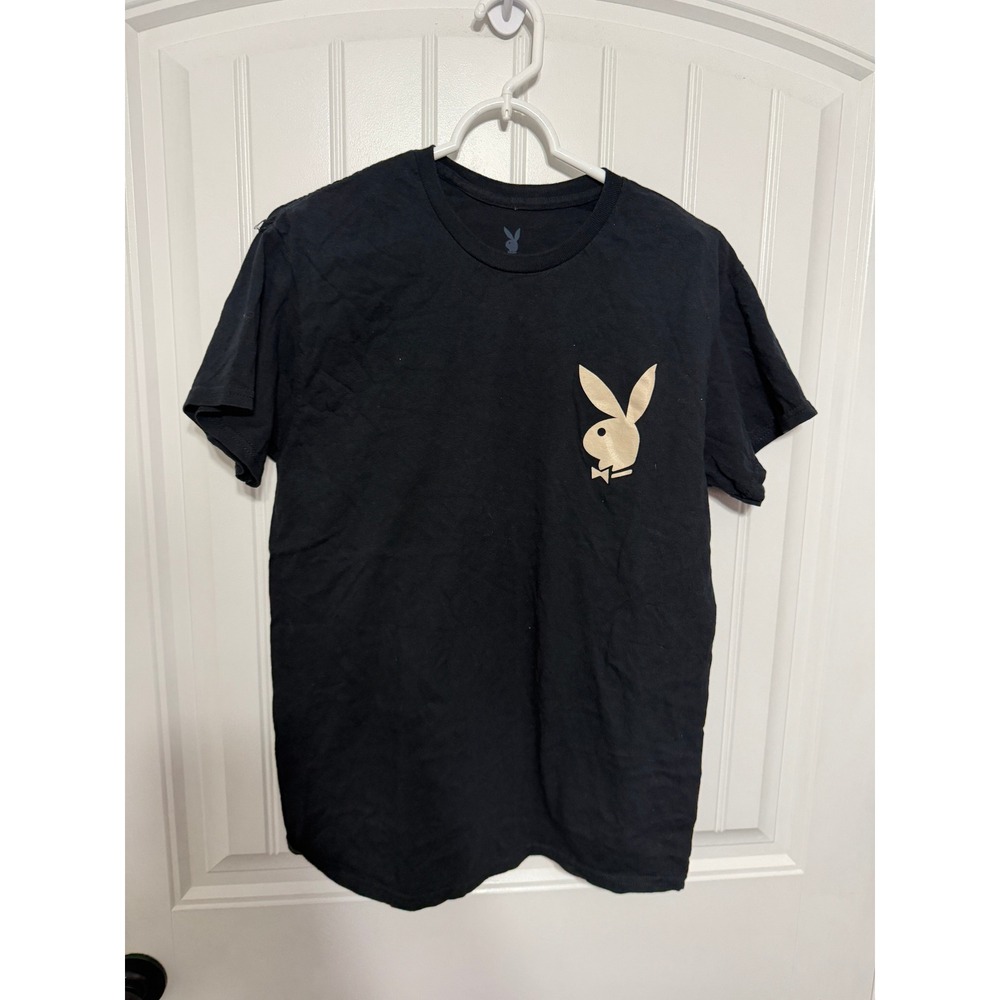 Playboy T-Shirt Mens Medium Black Graphic Bunny Logo Vertical Wordmark EUC